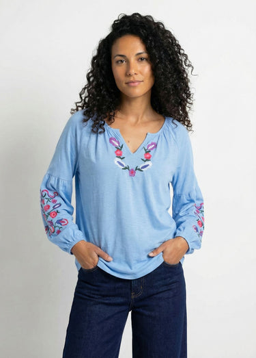 T-shirt long brodé manches longues Bleu Jean