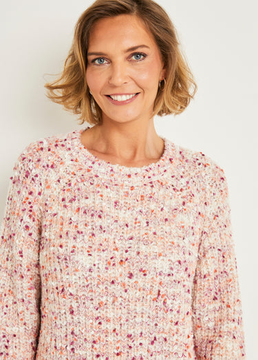 Pull chaud col rond maille fantaisie perlée Beige