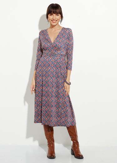 Robe fluide taille plissée motif ethnique Marine/Brique