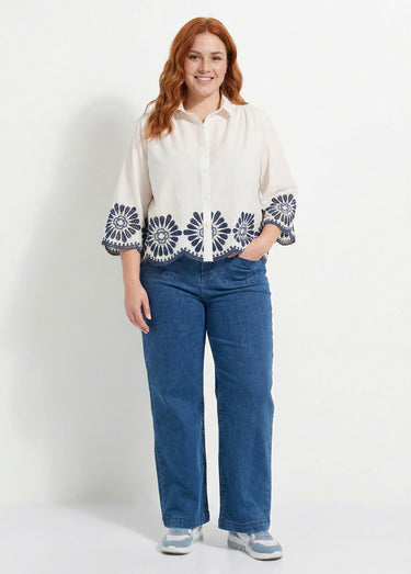 Blouse brodée et ajourée, col claudine Blanc