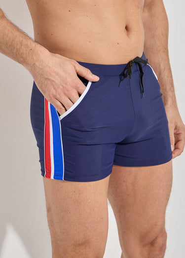 Boxer de bain piscine, bandes cotés Marine