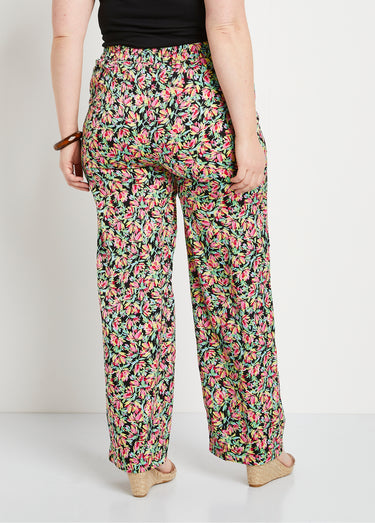 Pantalon taille semi-élastiquée satin fleuri Vert/Rose