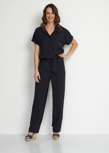 Combi-pantalon unie taille élastiquée Uni Noir
