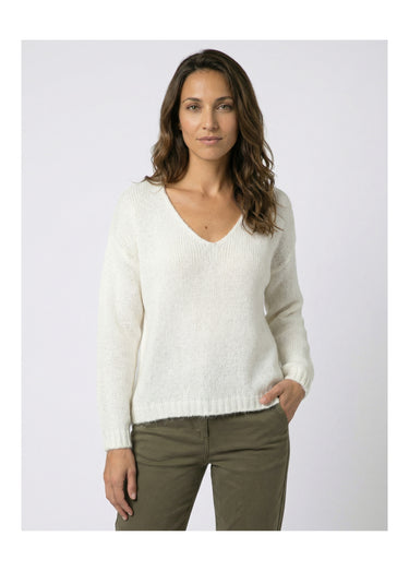 Pull chaud col V en maille avec mohair Ecru