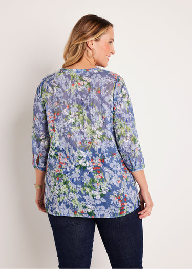 Tunique ample manches 3/4 fleurie Fond Bleu
