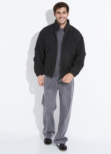 Blouson façon peau lainée, col montant Noir