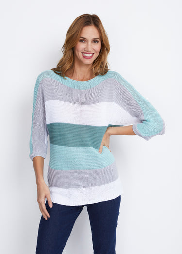 Pull rayé manches 3/4 point mousse Aqua/Gris