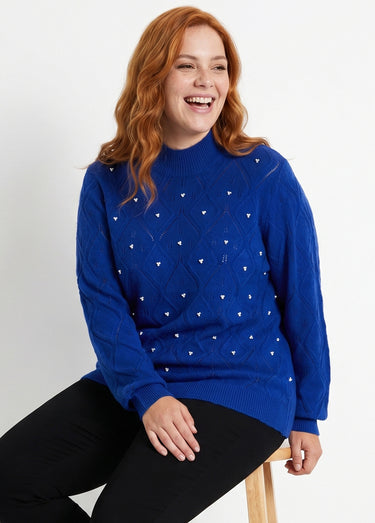 Pull doux ajouré perlé col montant Bleu