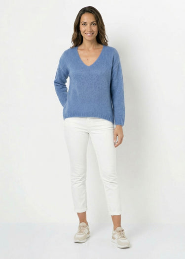 Pull chaud col V en maille avec mohair Bleu denim