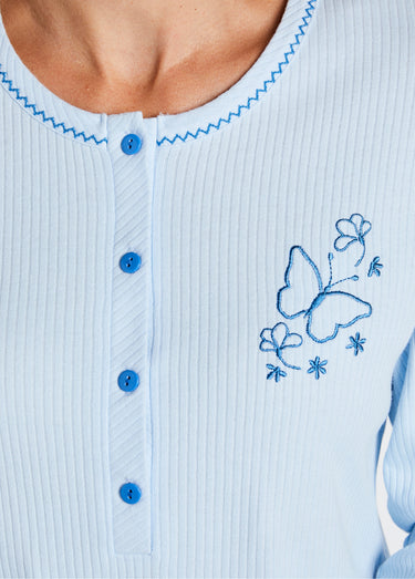 Pyjama 2 pièces coton, broderie poitrine Bleu