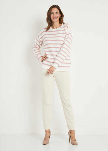 Pull doux rayé col rond maille fantaisie Ecru/Vieux Rose