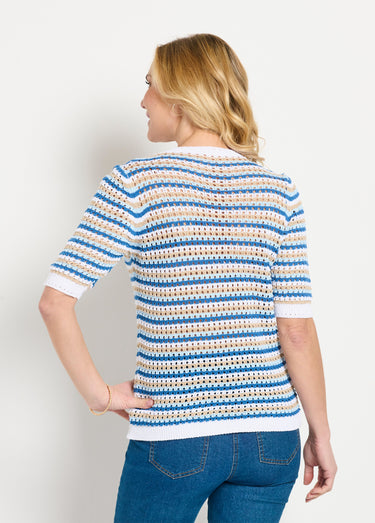 Pull doux rayé ajouré court manches courtes Raye Bleu
