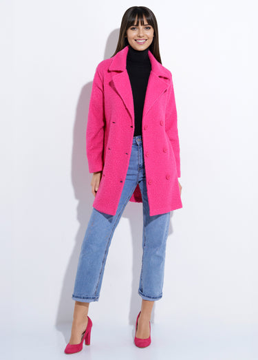 Caban long uni façon laine bouclée Fuschia