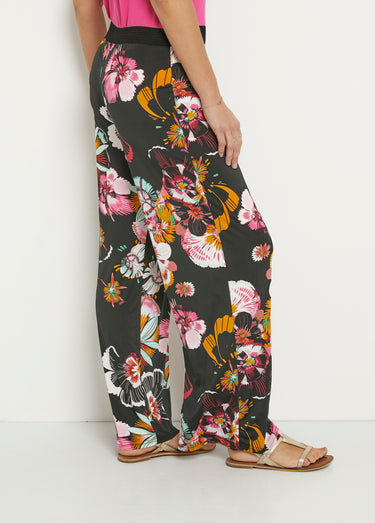 Pantalon large en stretch imprimé fleuri Noir Imprime