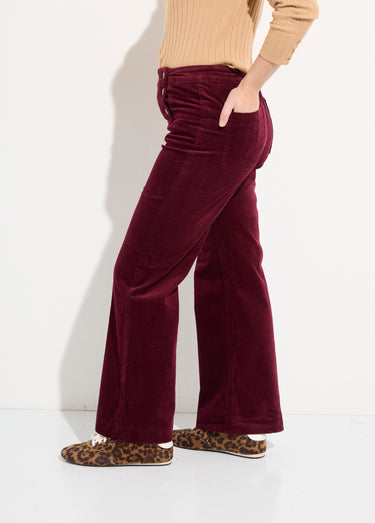Pantalon à pont en velours coupe flare Bordeaux