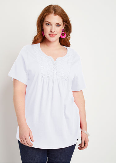 T-shirt long boutonné broderie anglaise Blanc