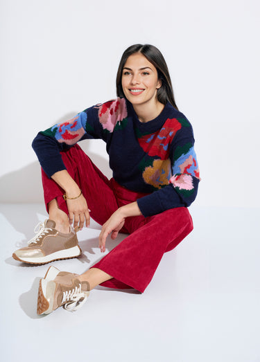 Pull col rond avec mohair jacquard fleuri Marine/Tomette