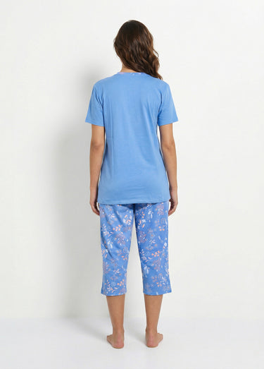 Pyjama fleuri manches courtes et corsaire Bleu
