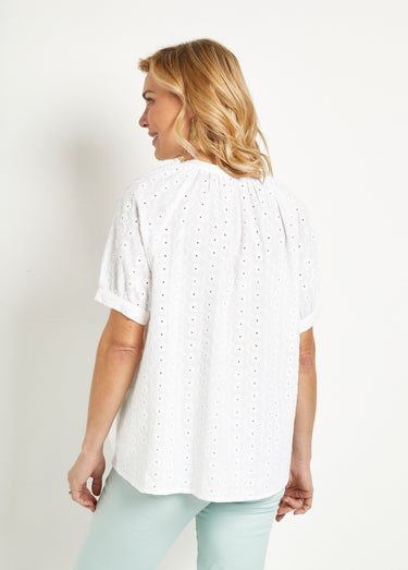 Chemisier ample coton brodé sans col Blanc