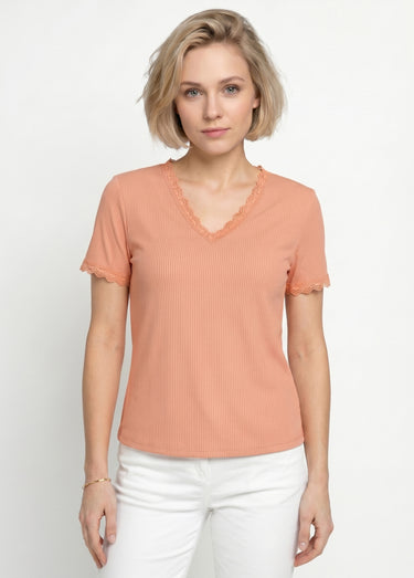 T-shirt col V fines côtes dentelle manches courtes Saumon