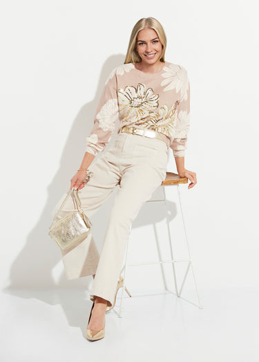Pull fin imprimé fleurs sequins col rond Beige