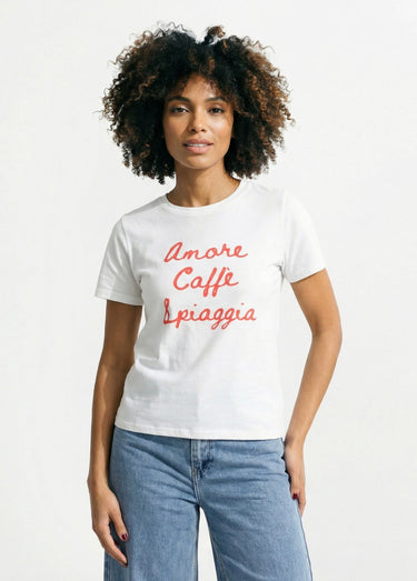 T-shirt blanc coton Amore Caffè Spiaggia Blanc/Rouge