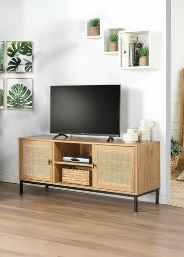 JAYA Meuble TV avec décor en rotin Bois Clair