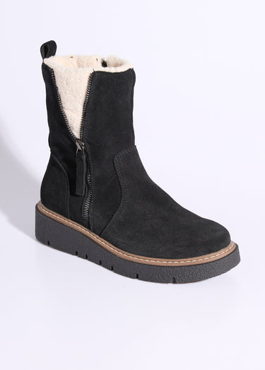 Boots montantes cuir, détails fourrure Noir