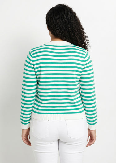 Gilet cardigan court col rond rayé boutonné Raye Vert