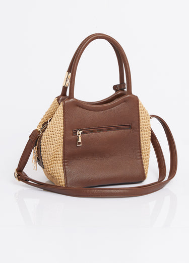 Sac à main aspect raphia et simili cuir Marron