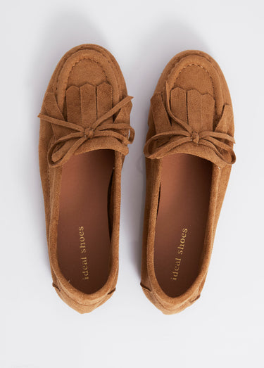 Mocassins semelle plate, dessus franges Camel