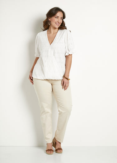 T-shirt cache-coeur blousant broderie Blanc