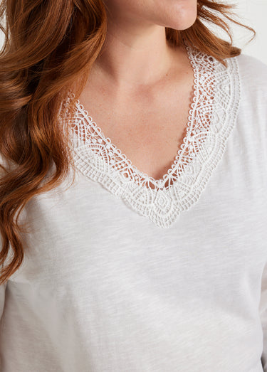 T-shirt manches 3/4 coton et macramé Blanc