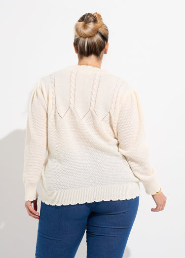 Pull col V maille fantaisie et sequins Ecru