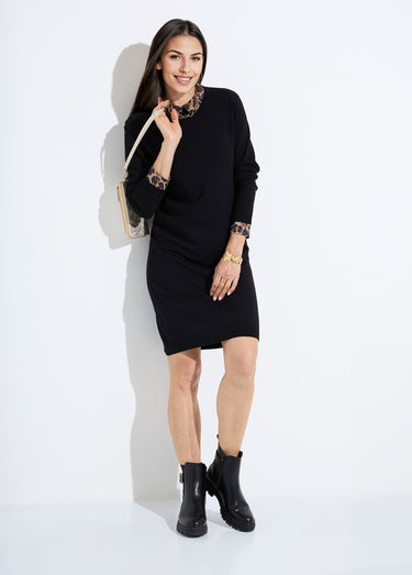 Robe-pull noire effet 2 en 1 voile imprimé léopard Noir