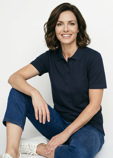 T-shirt maille piquée coton col polo Marine