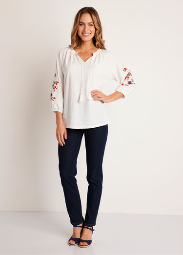 T-shirt long brodé manches 3/4 Blanc