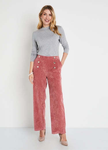 Pantalon large velours milleraies effet pont Vieux Rose