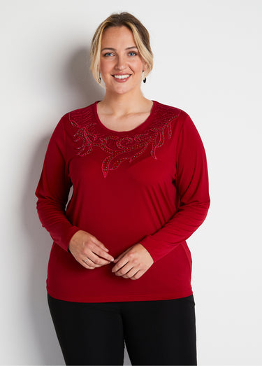 T-shirt court col rond résille brodé strass Rouge