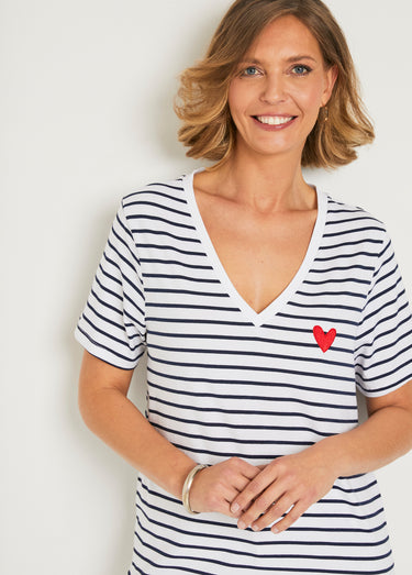 T-shirt rayé col V avec broderie cœur Raye Bleu