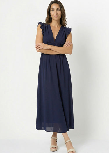 Robe longue sans manches taille plissée Marine