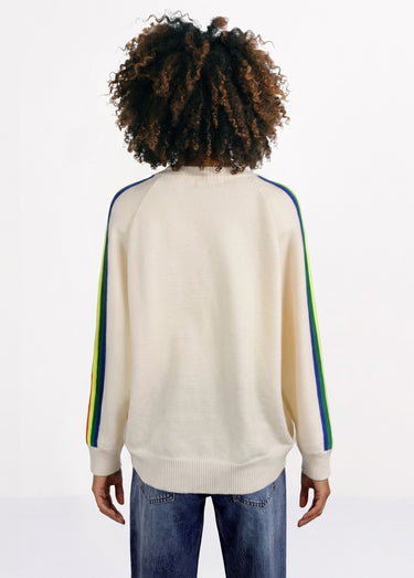 Pull col V manches lignes multicolores Beige