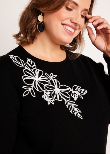 Pull fin brodé Noir / Blanc