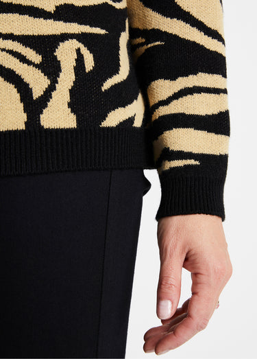 Pull doux jacquard zèbre col rond Beige/Noir