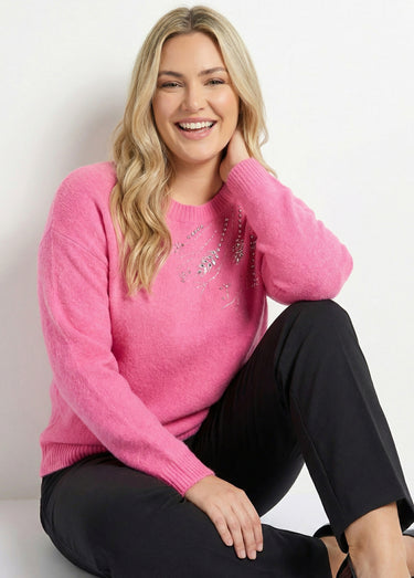 Pull doux col rond avec strass et sequins Rose