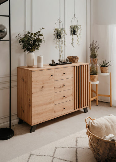 LUBLIN Buffet 4 tiroirs décor fantaisie Bois Clair