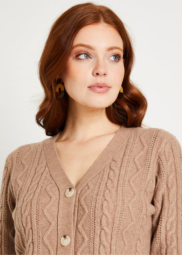 Gilet court boutonné col V maille torsades Taupe