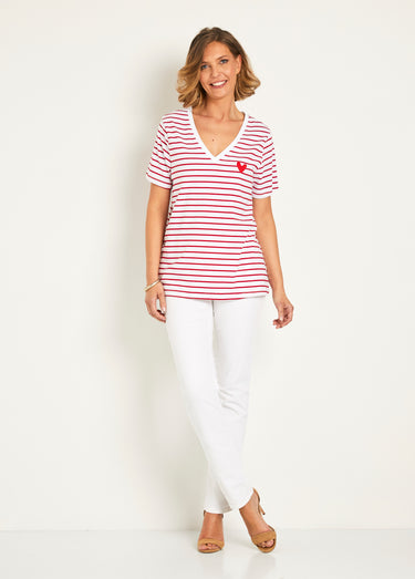 T-shirt rayé col V avec broderie cœur Raye Rouge