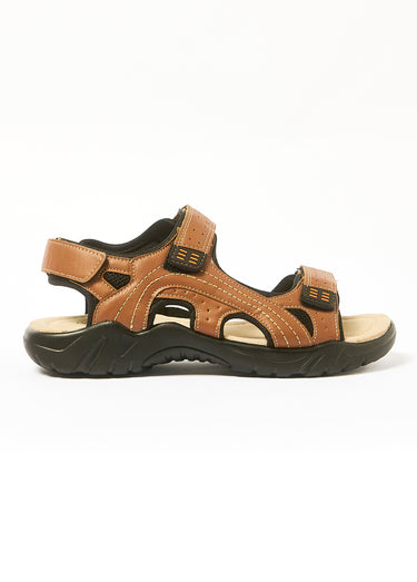 Sandales confortables cuir, 3 brides Camel