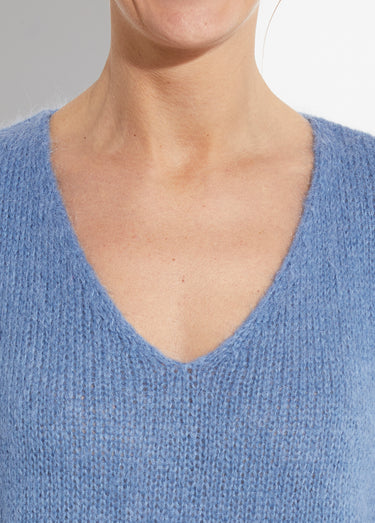 Pull chaud col V en maille avec mohair Bleu denim